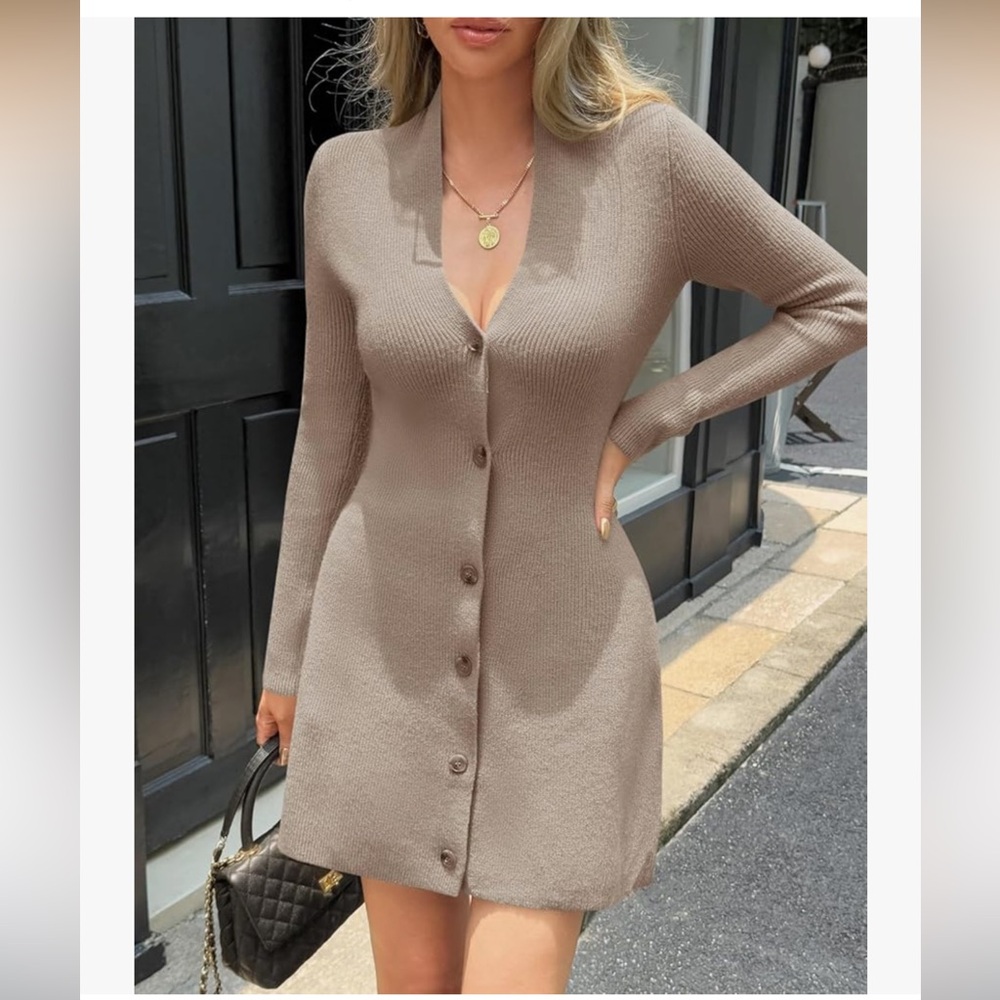 Taupe Womens Deep V Neck Sweater Dress